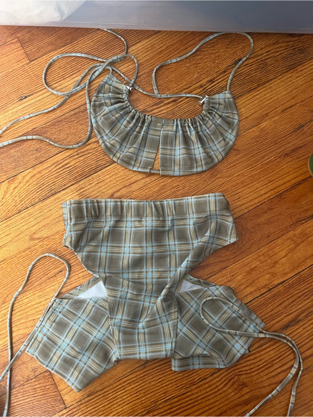 Plaid High-Waist Two-Piece Bikini in Olive & Light Blue